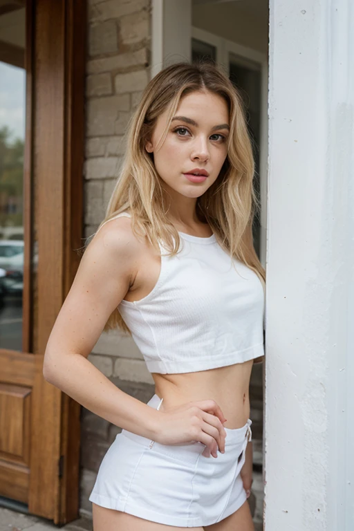 a one woman, americana, age 25, pale skin and freckles, grey-eyed, delicate nose, soft and delicate lips, distant, distant, wavy, waist-length blonde hair, Sweet smile, face with delicate feminine facial features, Highly Rendering, golden bracelet