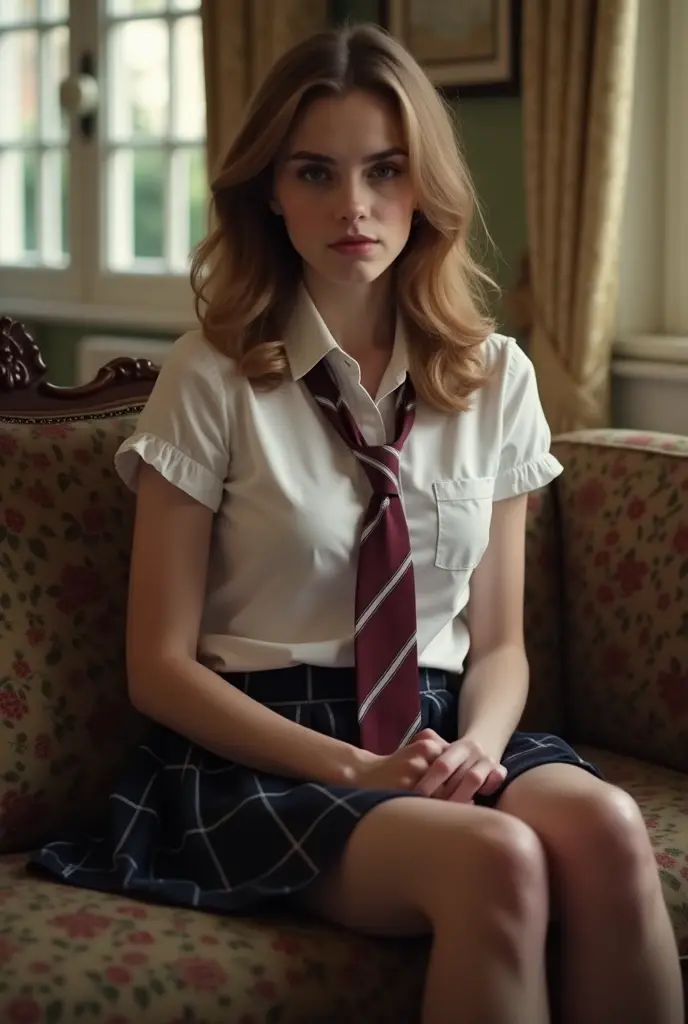 from below, emma watson as hermione granger in her gryffindor uniform, open shirt, short skirt, sitting on an armchair, legs wide open, bare feet, touching pussy