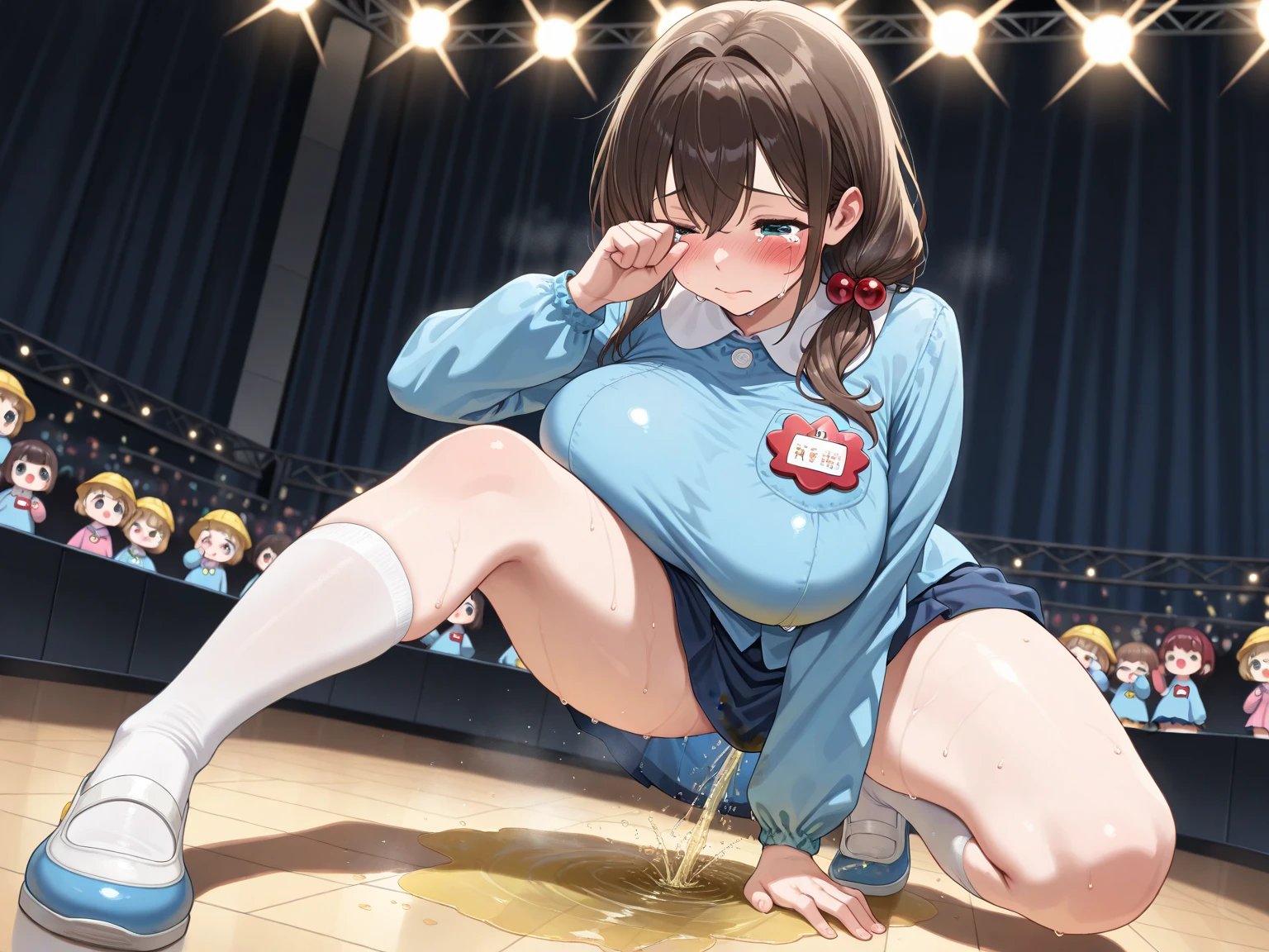 (nsfw,)(takimoto hifumi,ponytail hair,hairbow),((solo girl)),((Perfect body,))((Super beautiful,))((High quality,))((Heavy breathing,sweat, Sweaty and wet all over,))(live stage,)blush,backlit,shiny glossy,gigantic breast, Looking at Viewer,cowboy shot,nipple,((Turning your back to me, sticking out your butt,))((She turns around with her back to me, sticking out her butt,from back view,Directly behind,))(Show off your crotch by opening your crotch in a crouching posture,)squatting and straddling,((spread pussy with her hand)),(clear face,)((sailor school uniforms,very short pleated skirt,pantyhose,)),lovejuice dropping crotch,look of contempt