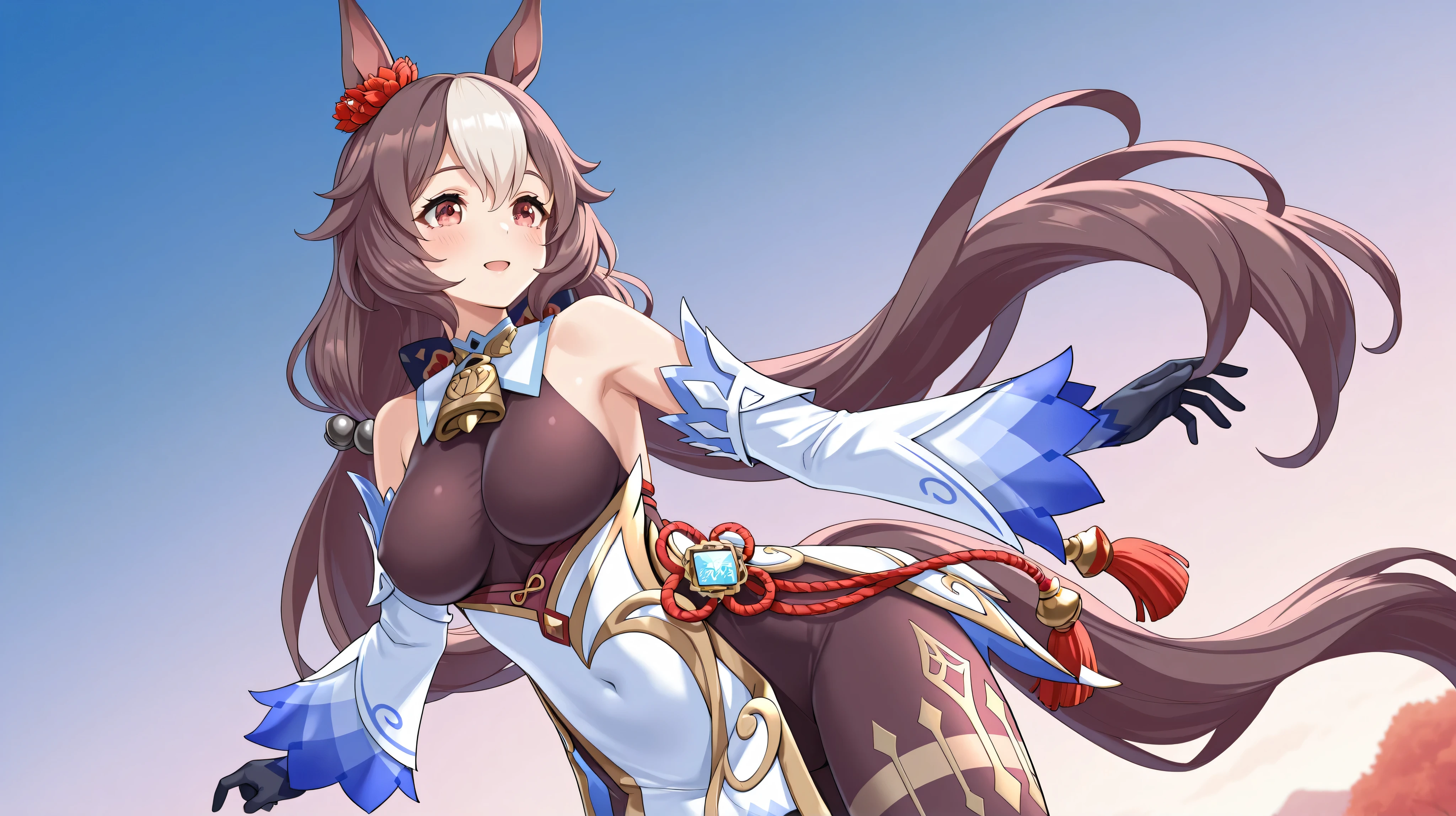 yamanin zephyr（Uma Musume）, Uma Musume, solo, [top quality], [Super beautiful CG], [Highly Detailed CG], [Super Detailed], [CG illustration], [high resolution], [extremely delicate and beautiful],  very detailed skin, Medium Breasts,  genshin ganyu cosplay, ganyu (genshin impact) (cosplay), gloves, bare shoulders, detached sleeves, black gloves, bell, bodysuit, neck bell, black bodysuit, vision (genshin impact), bodystocking, cowbell, chinese knot, covered navel, pelvic curtain, long flowing horse tail, 