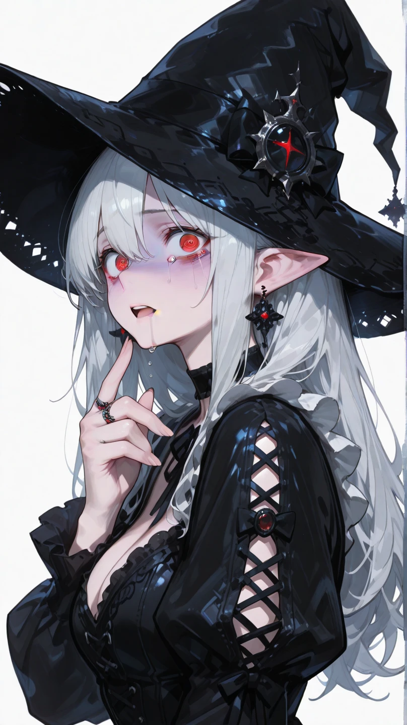 目を閉じる、胸に手を、悲しむ、tears,anime zombie witch design, crossbones, skulls, street wear design, pro vector, Horror style, full design, 6 colors only, solid colors, no shadows, full design, sticker, bright colors, white background.