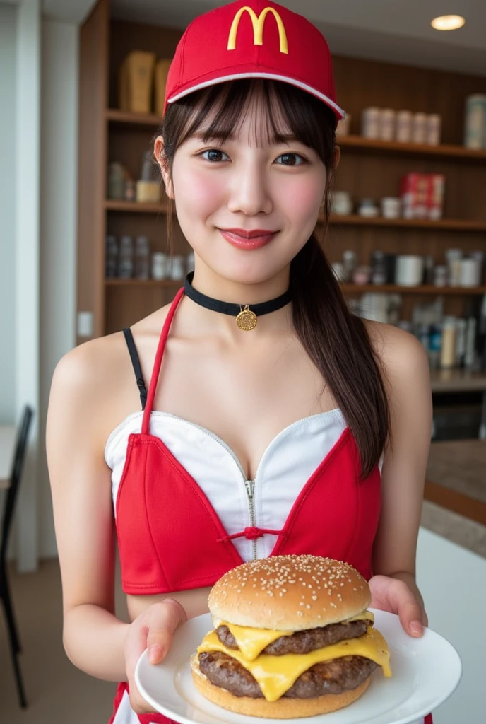 (masutepiece,Best Quality,hight resolution,Realistic,Portrait photos,), (solo beautiful girl,),(Light brown and pink striped hair,Short ponytail,) Big Breast,Short ponytail,Happy smiling face, a necklace,Piercing,Tank tops,JINS,Apron,(Girl grilling a large amount of baked corn at a gorgeous stall at a festive:1.3,)Full body shot,Looking Ahead,Moonlight,Multiple Red Lantern Lights、Red and white curtains on the back wall