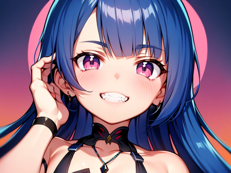 hoshimachi_suisei, Artist, erere, Copyrights, idolmaster, idolmaster_shiny_colors, Character, General, 1girl, blue_hair, wavy_bangs, blush, breasts, smile, heart_hands, brown_eyes, censored, long_hair, medium_breasts, striped bikini, pink_bikini, frilled_bikini, navel, raised_eyebrow, teeth, two_side_up, ((full_body)), standing, ((simple_background, white_backgroud)), looking_at_viewer, facing_viewer, masterpiece, best_quality, great_quality, girl,