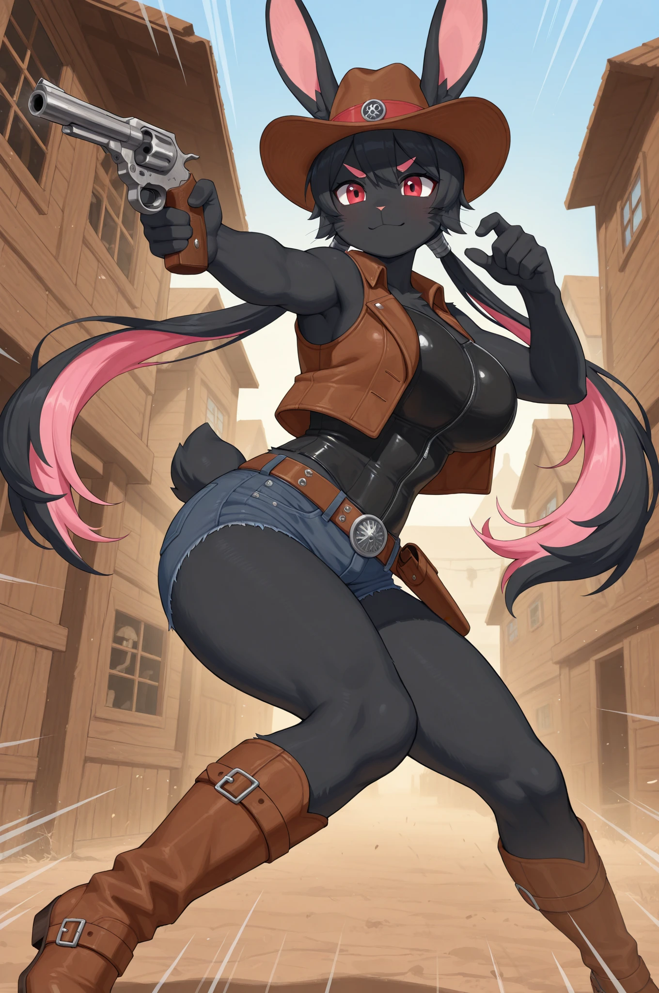 female, black long hair, hazel eyes, German Shepard ears, German Shepard tail (((1girl))), (((tan leotard))), (black gloves), (black thigh high tactical belt), (black boots), cute and sexy, full body, large breasts, large butt, long legs, smiling
