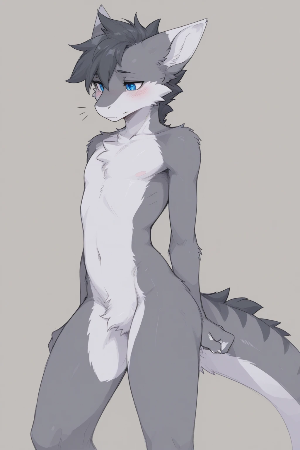 Male, Arctic wolf, detailed yellow eyes, long tail, big nipples, slim, sly, simple background, detailed plain white diaper, very thick diaper, diaper with 4 tapes, sitting legs open, smirk