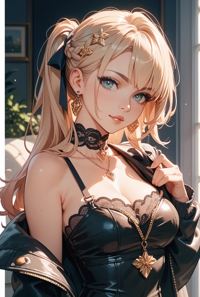(masterpiece, top quality, very aesthetic, 4k、illustration), intricate detail, 1woman,solo,contrapposto 、(gradient eyes、tareme)、Strong glowing eyes、asymmetrical bangs,Fair skin,(upper body)、beautiful women、Cleavage、clear face、(red lipstick),beautiful face、(gradient hair)、(blonde hair)、low ponytail、sidelock ,straight hair,green eyes、Evening Dresses、medium breasts、slender 、