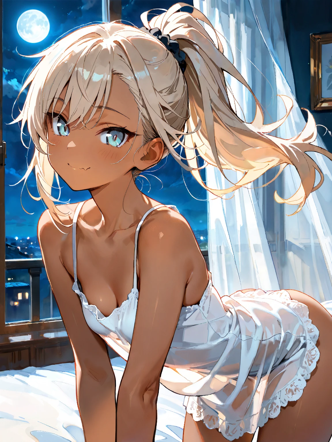 1 beautiful woman, 20 years old, pale white skin (Extremely detailed skin), bright blue eyes (vampire eyes), detailed and beautiful eyes, white hair (lived and detailed hair), sexy haircut, feminine and highly detailed facial features , perfect body, perfect abdomen, perfectly round butt, makeup, red lips, earrings, necklace, choker, bracelets, accessories, tiny underwear (string), turquoise underwear, looking at the camera, sexy pose, side pose, ((View from behind)), lifting hips, lifting buttocks, (extremely delicate and beautiful work), (masterpiece), highly detailed, charming expression, simple blurred background, extremely detailed description, mix4, (8k, RAW photo, best quality, masterpiece: 1.2), (realistic, photorealistic: 1.37), cute, cityscape, rain, wet, professional lighting, photon mapping, radiosity, physical representation,