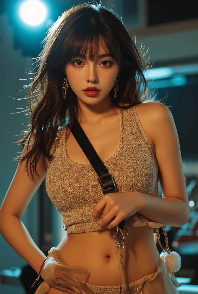 ((preteen)), Beautiful Girl, fashion modell、Small breasts, Big Hoop Earrings, Black Mini Dress, Full body , Bottom strip, Very white skin, Very long hair, Wavy Hair, Blonde hair, Post-apocalyptic world, Photorealistic, indirect lighting, Volumetric Lights, Ray tracing, ultra-detailliert, Best Quality, Ultra-high resolution, nffsw, 8K、The upper part of the body