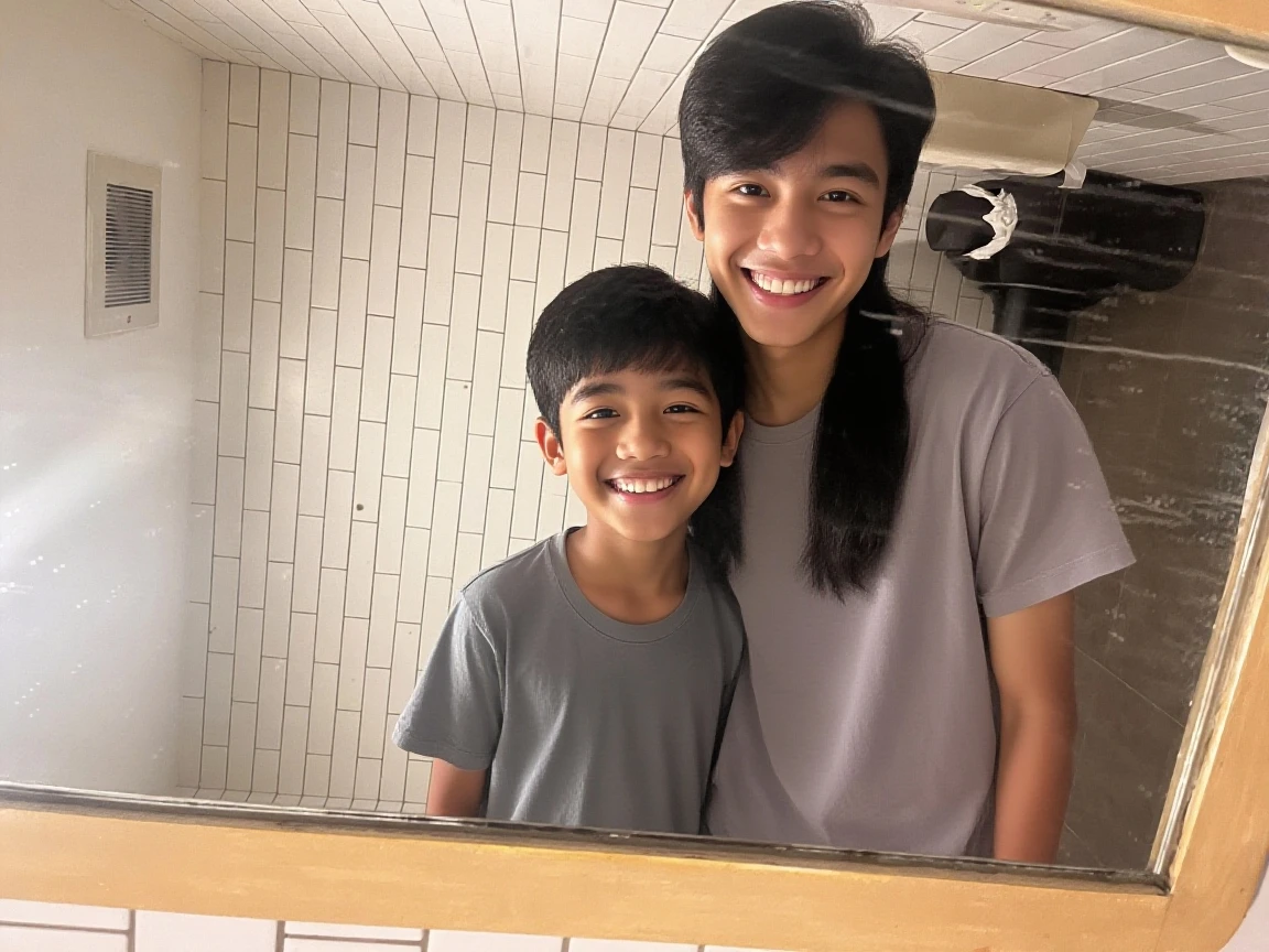 Japanese men、13 years old、Muscles and smooth skin、Very short black hair、A relaxed and friendly smile、Orange and yellow thin boxer briefs、The whole body is well visible、Posing in the bathroom、
