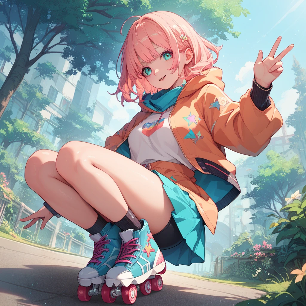 high quality,HD,16k,sharp lines,1 girl,Female skateboard athlete ,cute face, large breasts, nice legs,At the skateboard venue,focus girl,detailed beautiful face,detailed clothes,beautiful eyes,cool,dynamic angle