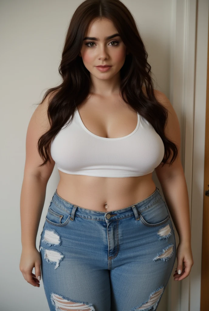 (Best quality, Ultra HD, masterpiece: 1.1), A captivating cinematic portrait of a woman, lying gracefully on a bed in a white top and jeans, (thicc, curvy: 1.3), exuding confidence and allure. Her perfect body and face, adorned with brown hair cascading down her shoulders, perfectly complement the tight simplicity of her outfit. The intricately detailed fabric of the top molds to her voluptuous curves, highlighting her jaw-dropping beauty and curvy physique. (perfect body, beautiful face: 1.2), The soft, ethereal lighting in the scene adds an air of elegance,
