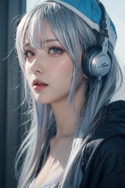((face, style)).((masterpiece:1.5))((1 girl, alone、Woman wearing giant headphones:1.5、sweat、Detailed face、Big Eyes、small breasts, cleavage、open front, Best Looks、Ultimate beauty、Shiny silver hair with highlights、Modern Hairstyles))(night、indoors, dark room, pc)Please look away from here、Beautiful profile, Wearing Headphones, naked hoodie