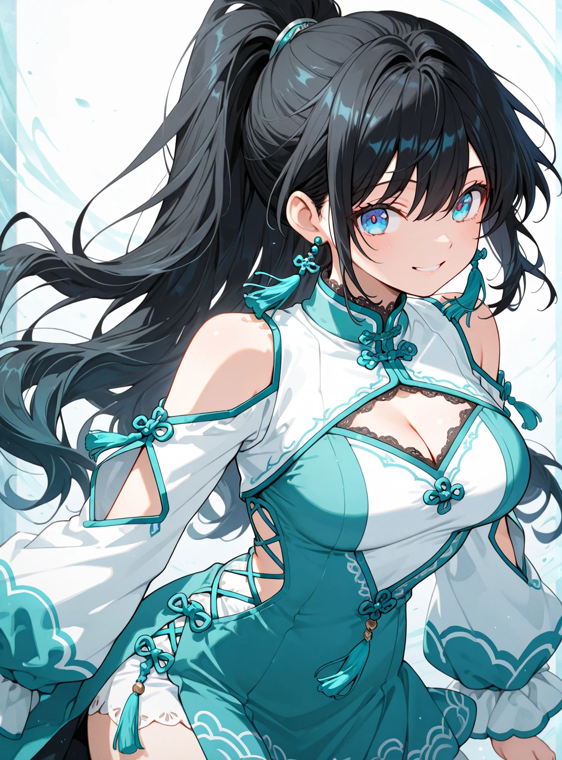 best quality, extremely detailed, anime style girl, long hair down to the waist, straight hair, dark black hair with bluish, beautiful detailed eyes, pinched eyes, dark blue eyes, huge breasts,curvy, ((((A dress made of running water and light)))),hair accessory,((((Luxury cottage rooms by the sea)))),pov face,