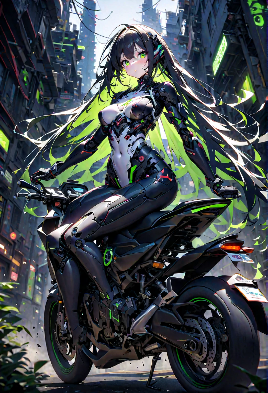 an girl rides a bicycle, dolphin shorts, A complex machinery structure in a futuristic city