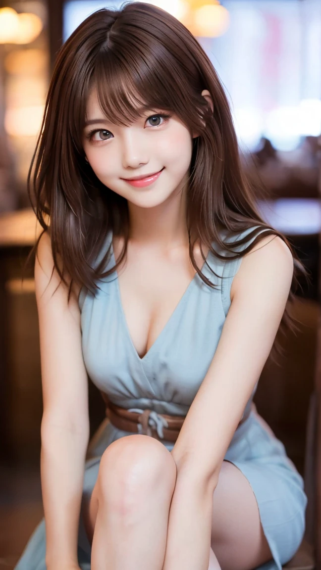One Girl,(Light blue dress), (RAW Photos, Highest quality), (Realistic, Photorealistic:1.4), Tabletop, Very delicate and beautiful, Very detailed, 8k wallpaper, wonderful, In detail, Highly detailed CG unification, High resolution, Soft Light, Beautiful and detailed 19 year old girl, Very detailed目と顔, Beautifully detailed nose, Beautiful attention to detail,Cinema Lighting,City lights at night,Perfect Anatomy,Slender body,smile (My hair is messy, Asymmetrical bangs, Light brown hair,)
