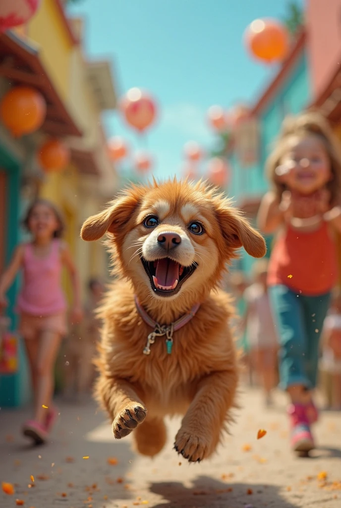 Medium-sized dog with caramel fur, happy expression, jumping and playing with children on a street in a Brazilian neighborhood., (work of art:1.2), best qualityer, high qualiy, high resolution, (hyper detailled), detailed back ground, commemorative photograph,