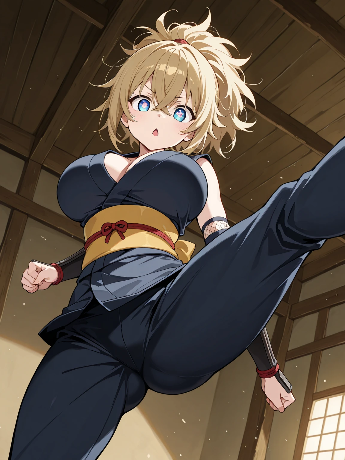 score_9, score_8_up, score_7_up, source_anime, <lora:artoria-pendragon-zero-ponyxl-lora-nochekaiser:1>, artoria pendragon, artoria pendragon (fate), saber, long hair, blonde hair, green eyes, ponytail, ahoge, medium breasts,, <lora:chun-li-cosplay-ponyxl-lora-nochekaiser:1>, chunlicosplay, chun-li (cosplay), blue dress, boots, bracelet, brown pantyhose, china dress, chinese clothes, cross-laced footwear, dress, gold trim, jewelry, pantyhose, pelvic curtain, puffy sleeves, sash, short sleeves, side slit, spiked bracelet, spikes, white footwear,,, streets, open mouth, leg up, leg lift, fighting stance, , dutch angle, cowboy shot