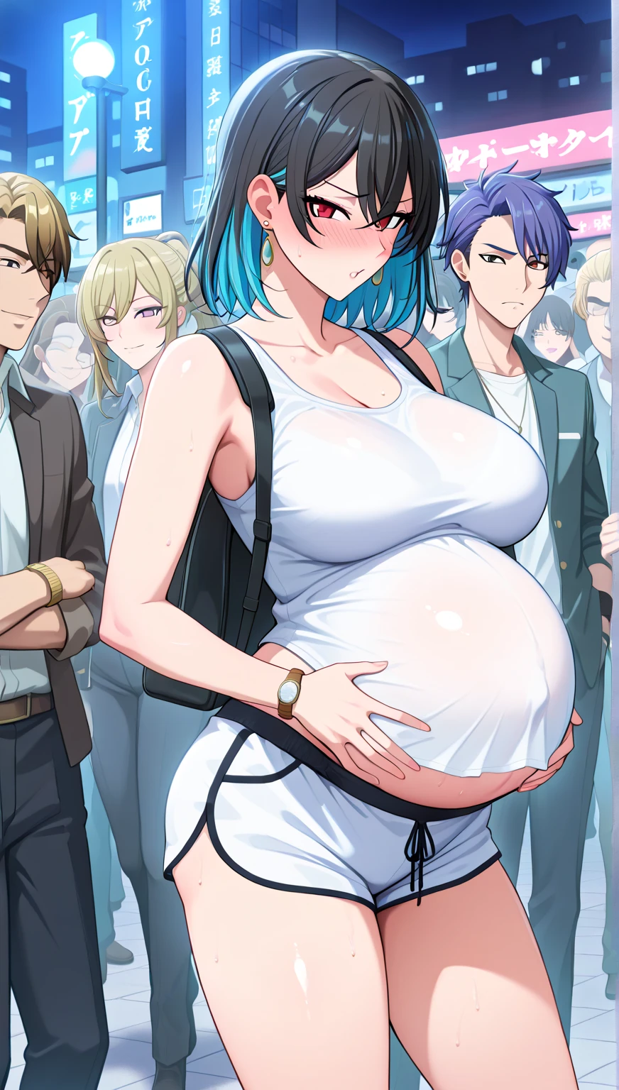 NSFW,Hoshimachi Suisei,blue eyes,blue hair,choker,hair between eyes,medium hair,side ponytail,Star choker,small breastasterpiece:1.2), highest quality, High resolution,(detailed and beautiful eyes:1.6),(perfect hands, perfect anatomy),(((masterpiece))),((highest quality)),very embarrassed face,Intense red blush,teeth clenched,slightly angry and scared, slight fear, be humiliated,teary eyed,horny blush, ((I feel very horny, blush with lust)), be Sexually aroused,whole body,black cropped shirt,black hot short mini skirt,belly button,cleavage,1 male,being molested,My chest is being touched from behind by a middle-aged man,My butt is being touched from behind by a middle-aged man,arms raised,crowded train, (((I give into the middle-aged man behind me))), (my butt is shoved against his crotch), I feel him, ((My body is facing sideways)), ((Middle-aged man pressing his crotch against my ass)), ((My belly is being filled)), ((My Belly Is Expanding)), (Something is filling my stomach up), (((35 gallons of milk are sloshing around inside my belly))), ((My belly is massive and keeps expanding:1.2)), (((put 85 more gallons of milk in my belly than the last time))), (My belly feels sloshy), (((I'm pregnant with 23 babies))), (My breasts are massive)