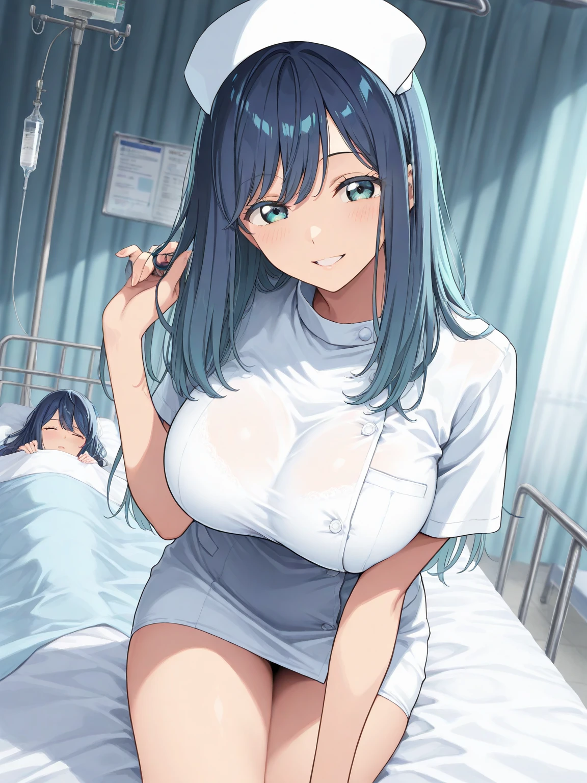 Anime cel drawing style, Best Quality, High resolution, (Upper body naked), (Exposed massive breasts:1.8), lift white School uniform, red neckerchief, short sleeves, misaki kureha, (blue hair), Side Ponytail, Hair Ornament, blush, embarrassed, reluctant, ((Full body)), (breast squeeze:1.2), looking at viewer, (crowded bus), ((Full body)), (cowboy shot:1.4), (1girl, 1old man), (nursing handjob), (breast sucking:1.0)
