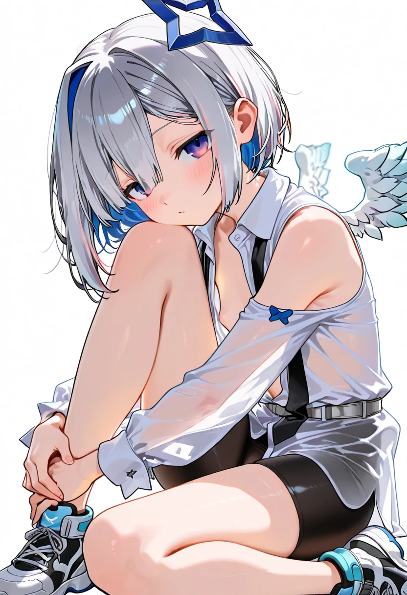 Top Quality, Schoolgirl, Half-undressed uniform, Silver hair, Pinched eyes, Small, Pink panties, Chest Close-up pose, Blue background, Anime, Expressionless, bloted belly
