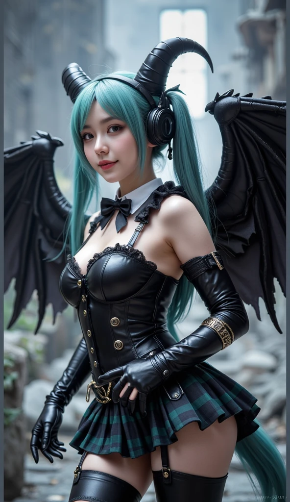 best quality, masterpiece, realistic, photorealistic, 1girl, solo, looking at viewer,,(Fondo de ruinas de mazmorra en ruinas:1.4 ), smile, standing, cowboy shot, hatsune miku cosplay costume, hatsune miku, cosplay, aqua hair, very long hair, twintails, shirt, corset, skirt, plaid skirt, detached collar, detached sleeves, arm warmers, bowtie, bow, horns, demon horns, demon wings, demon tail, ribbon, o-ring, chain, thigh strap, hair ribbon, hair bow, thighhighs, torn thighhighs, simple background, grey background, (Fondo de ruinas de mazmorra en ruinas cyberpunk :1.4 ), (face detailed :1.4), (no mutaciones), ,(Fondo de ruinas de mazmorra en ruinas:1.4 ), (perfect anatomy :1.4), ,(Fondo de ruinas de mazmorra en ruinas piedras grandes :1.4 ), (cinematic lighting :1.4) 