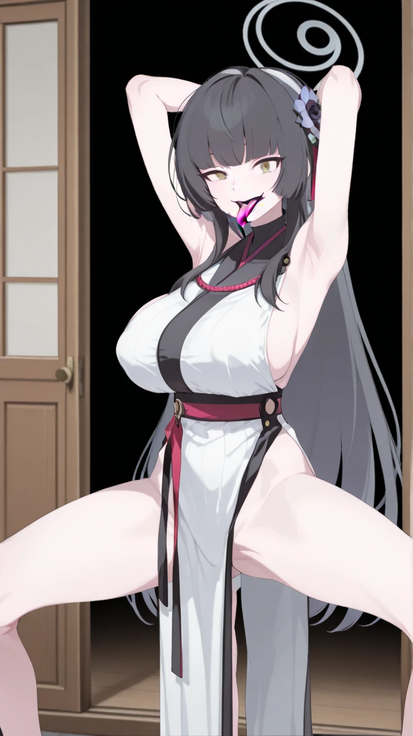 absurdres, highres, ultra detailed, shalltear, gray hair, red eyes, bonnet, hair bow, ponytail, anime, hdr, soft light, ((best quality)), ((masterpiece)), (detailed), SHALLTEAR, fang out, ponytail, very long hair,hair bow , angry, open mouth, fang, girl, solo, white background, anime coloring, , nude, navel, legs, nipples, scared, angry, looking up, pussy, green eyes, nude, armpits, legs,