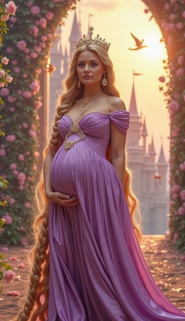 White Blonde hair, fluffy hair, stylish hair, long hair, lilac eyes, perfect eyes, beautiful, perfect face, tween, , short, kind, curvy, a flowing pale airy gown with ruffles along the bottom with tiny pink flowers and gold dragon embroideries with flowers, Her tiara had a pretty teal gemstones, silver necklace, noble class, royal, royalty, red castle, feasting hall, medieval, elegant surroundings, soft dewy makeup look, light peach blush, soft tan eyeshadow, light coral lipstick, cutesy, girlish, girly, guileless, ingénue, princess , whimsical lighting, Targaryen, dragons in the sky, photorealistic, pregnant, baby bump,