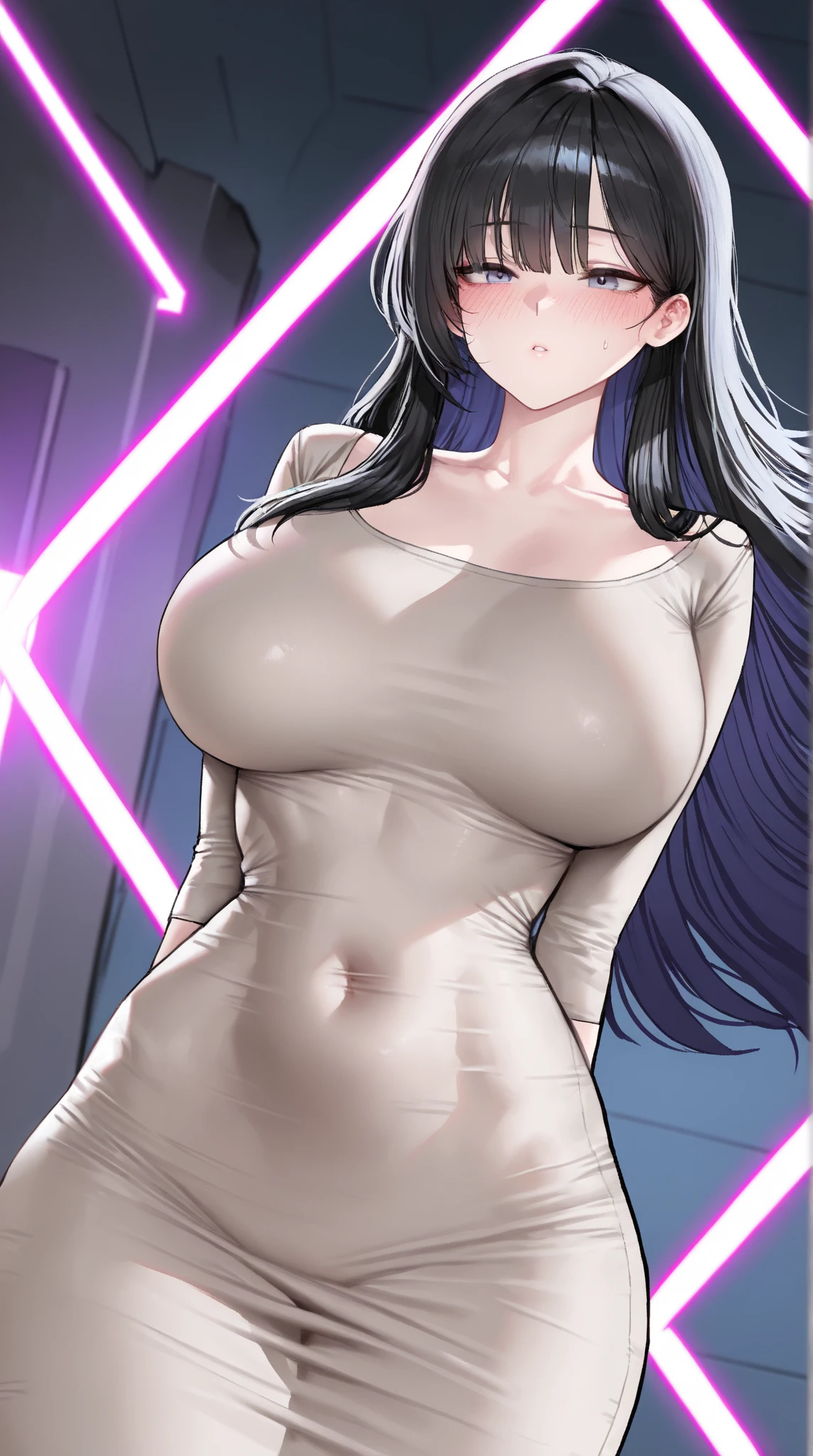 (highest quality,High Ray Nimalism Elegant White Shirt,slim black pants,Her tall figure and graceful curves,on the shoulder,Slightly curled,Long Hair,emits a faint scent,Pretty face,bright and lively eyes,naturally thin eyebrows,rosy and sexy lips,round and smooth face, huge breasts