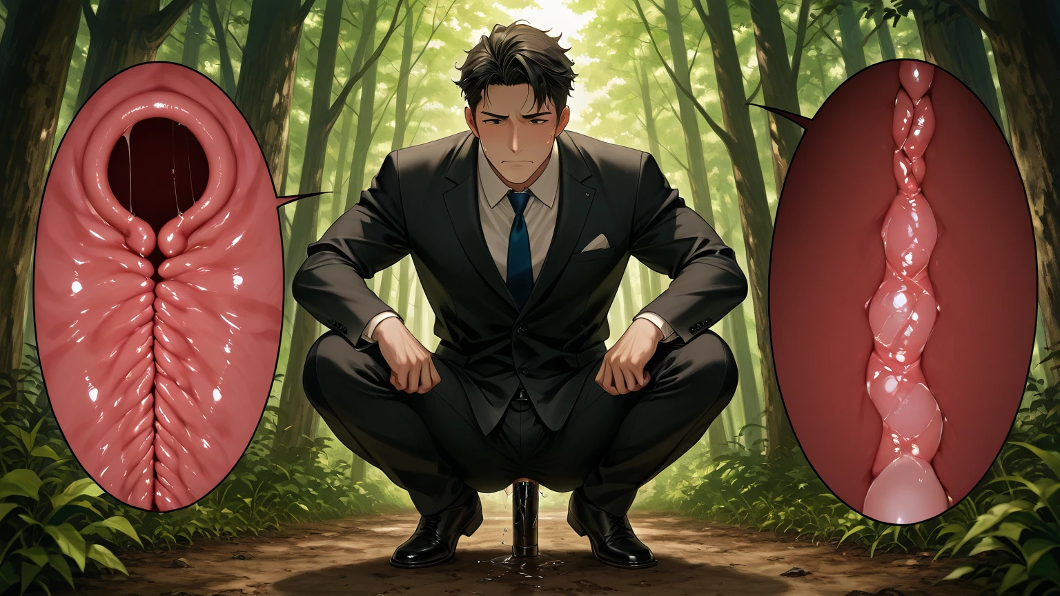 score_9, score_8_wonderful, score_7_wonderful, sauce_anime ,tribe,Male Focus,Part 1: , 1 male,Black trousers,Outdoor,Red tie,blazer,Crawl on all fours and place your hands on the floor,penis,Wear a collar with a leash,View your audience,