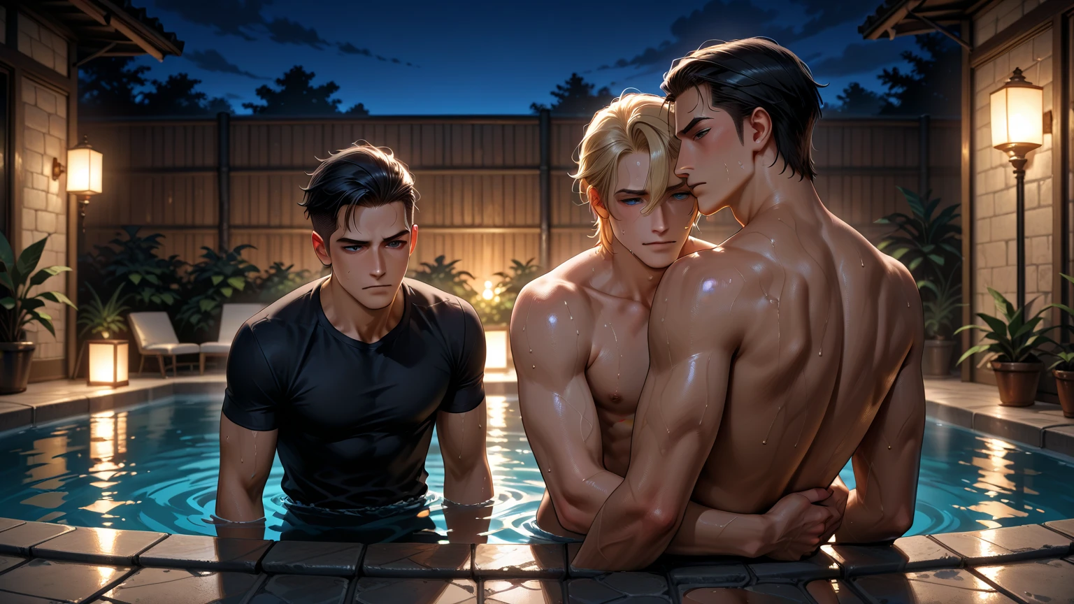 Three naked young men bathe in a jacuzzi with steam on top. They all have different faces. One of the men is redheaded, another blond, the last with black hair. Their swimsuits float on the surface they have removed them and it hides their genitals. They are skinny but muscular and beardless. They kiss with their tongue. It's an image that looks like a real photo.