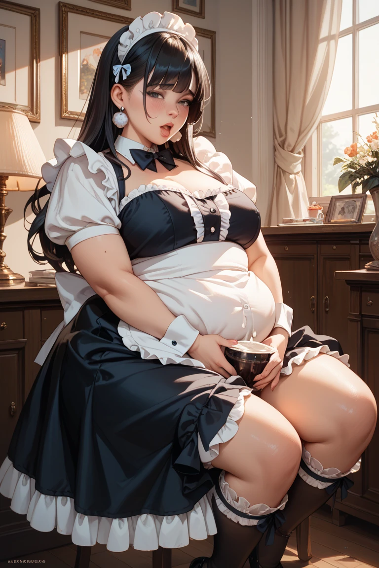 Anime. 1 girl. Slave. Housemaid. Disabled person. Ssbbw. Amputee. Armless. Legless. Black hair. Long hair. Hair gathered in braids. Green eyes. Beautiful eyes. Perfect eyes. Expressive eyes. Beautiful nose. Snotty nose. Snot flows from the nose. Very thick body. The arms were amputated at the elbows. Very thick hands. The legs were amputated at the knees. Very thick legs. Big fat belly. Big fat butt. Big breasts. Beautiful breasts. slave collar. Maid uniform. Diaper. Dirty diaper. Diaper mess. Sitting. Full height. Wheelchair. Living room of a luxury mansion. Cold. Runny nose. Nasal mucus. Snot. Wants to sneeze. I have to sneeze. Sneezes. Sneezes with snot. Snot comes out of your nose when you sneeze. Poops diarrhea in diaper. Full body. Extremely detailed CG Unity 8k wallpaper. Ideal lighting. Ultra high resolution 4K. Super detailed 8K resolution.