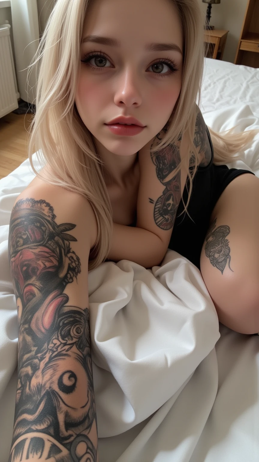 1 Girl, Beautiful, Baby Face, 17 Years Old, White Skin, enormous Breasts lace thong 1.3)), Posing For Photos in The Bedroom, She is Lying on The Bed, ((tattoo:1.1,piercings )), Girly Pinky RGB dark Bedroom, Expensive Girl Bedroom, golden Hair, Silver Twintail, ((adorable:1.1)), ((masterpiece:1.1)), Slut Face, yellow pale eyes, Wide Angle, slutty, thick thighs.nude , back view, anal dildo