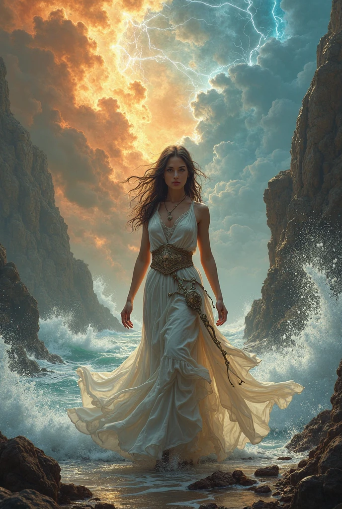 a high angle view of a woman made from a swirling typhoon cloud, standing gracefully like the Goddess of Mercy, intricate details, dramatic lighting, cinematic, epic, ultra-detailed, hyperrealistic, digital art, vibrant colors, dark and moody, dramatic clouds, storm, wind, mist, mystical, spiritual, divine, ethereal