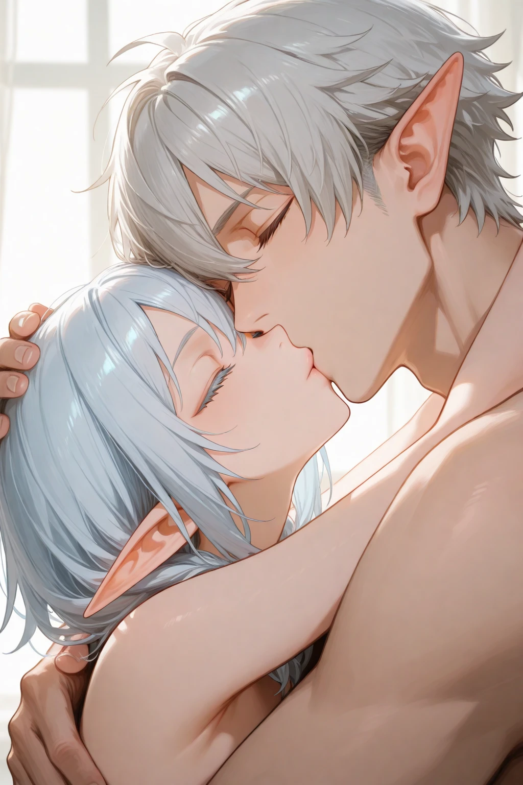 create two sex characters, kissing, with white hair, blue eyes and small breasts