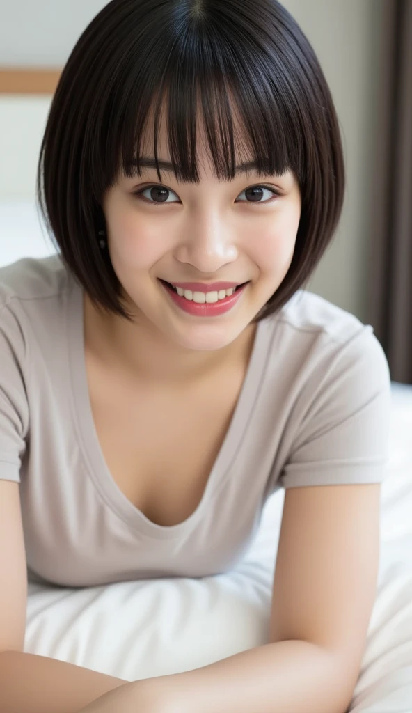 One girl, short hair,Black Hair,smile, summer, room, Sleep in bed,Office Lady, Look here,Upper body close-up,transparent, (masterpiece, Highest quality), Soft Light, Structure of the film, Like a movie