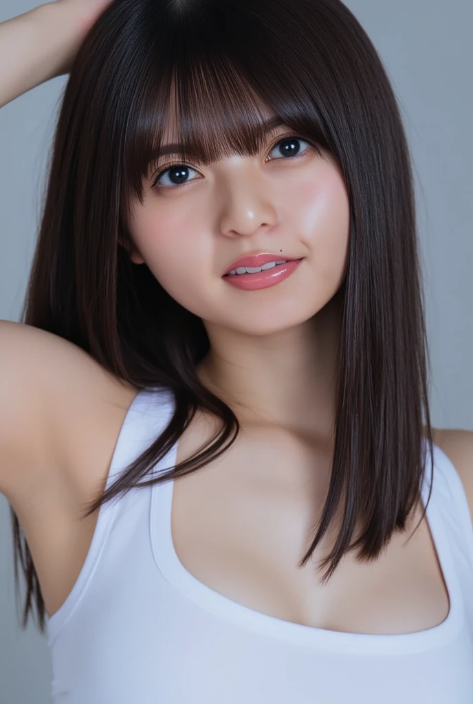 best quality, photorealistic, 8k, high res, 1girl, woman, (skindentation), (portrait:0.6), gorgeous, ((whitebackground, sport tanktop, small breast:1.65)), (long brown hair, parted bangs:1.4), looking at viewer,  (1girl eyes looking at viewer:1.6), photorealistic, (bokeh), (closed mouth, smile:1.3), gorgeous, pureerosface_v1:1,