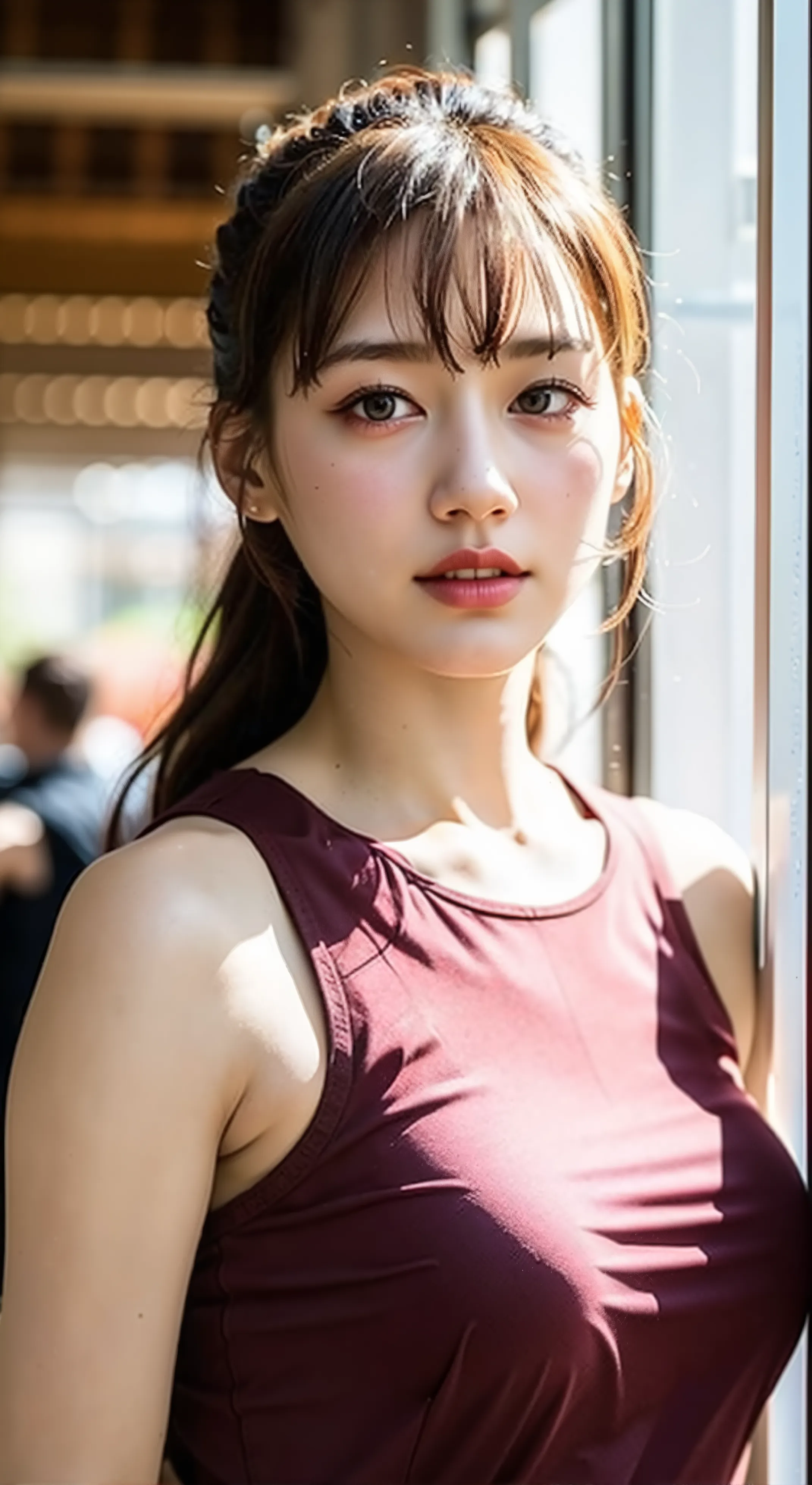 (best quality, 8k, 32k, masterpiece, UHD:1.2), ultra high resolution, (pretty a Korean early teen girl), (baby face:1.3), portrait, large breasts, cleavage, long brown hair, bangs, (wearing purple tank-top), (crowded city street on sunny day:1.3), (detailed background:1.5)