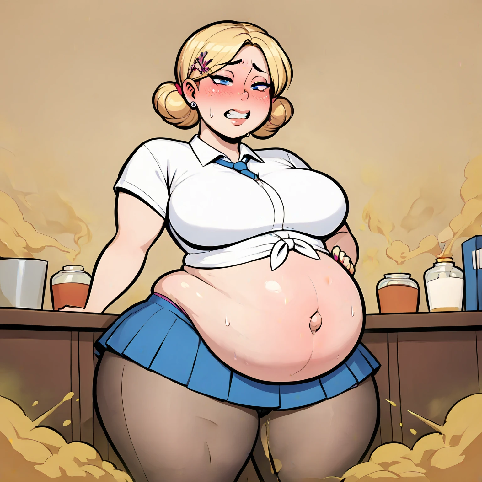 ((Masterpiece, best quality, perfect lighting, amazing shading)), perfect anatomy, field of depth, extremely beautiful, long blonde hair, hair, green eyes, topless, (bare tits, bare pussy), no panties, tights, ((intense orgasm)), ((plump)), blushing, (cowboy shot), (elegant pose), office background with lots of windows, detailed background