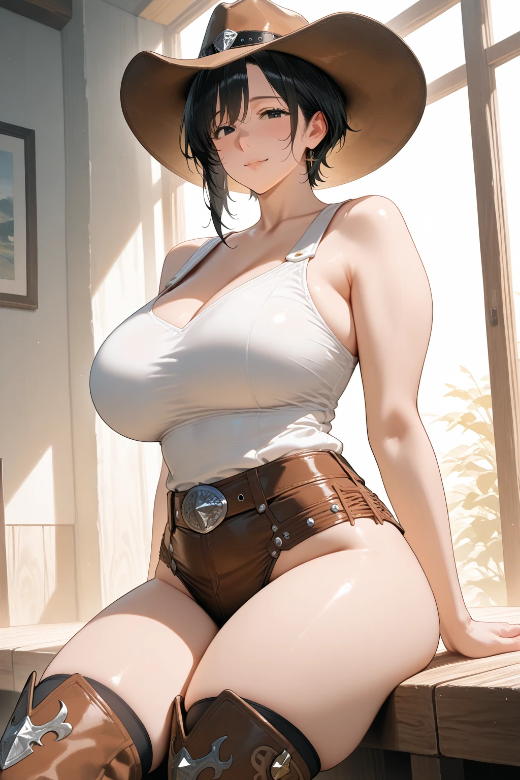 Beautiful woman with exquisite figure, she has big round hanging tits, a thin waist with a strong abdomen, wide hips and strong and sexy thighs,round butt in the shape of a drop of water, tasty buttocks, she wears a scarecrow outfit, torn burlap outfit, straw hat, straw hair torn sexy revealing overalls, slutty coveralls, ((plain white background)),lineart monochrome