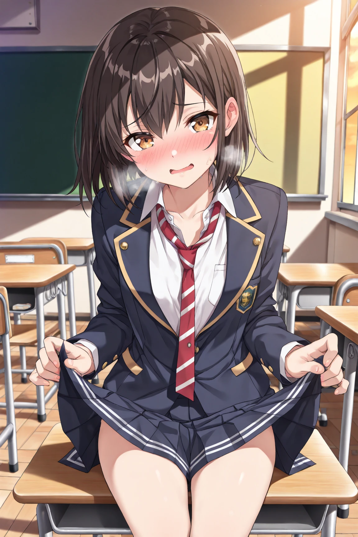 highest quality、masterpiece、((1 girl:1.5))、((Ahoge))、(blush:1.5)、(smile:1.5)、((fun!!))、cute、()、、high school girl、((classroom:1.5))、()、、Kamimei、look at me、(No panties:1.3)、((shaved pussy:1.5)), ((red bow tie, , black jacket, open jacket, white cardigan, white shirt, black skirt, plaid skirt、black socks))、 (No panties:1.3)、((shaved pussy:1.5))、(highly detailed closed labia:1.5)、((pee is coming out:1.8))、peeing、