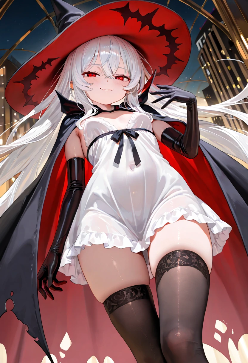 8K,  1girl, solo, sexy vampire witch, white long hair, bright red eyes, showing fangs, bat wings, smile, (blush), (shy), looking at viewer,  dynamic angle, fantastic scenery castle, big breast, show full body, magical girl, maho shojo, Gushing Over Magical Girls, white hair, red eyes, black witch hat, demon tail, long hair, big ass, bloody 