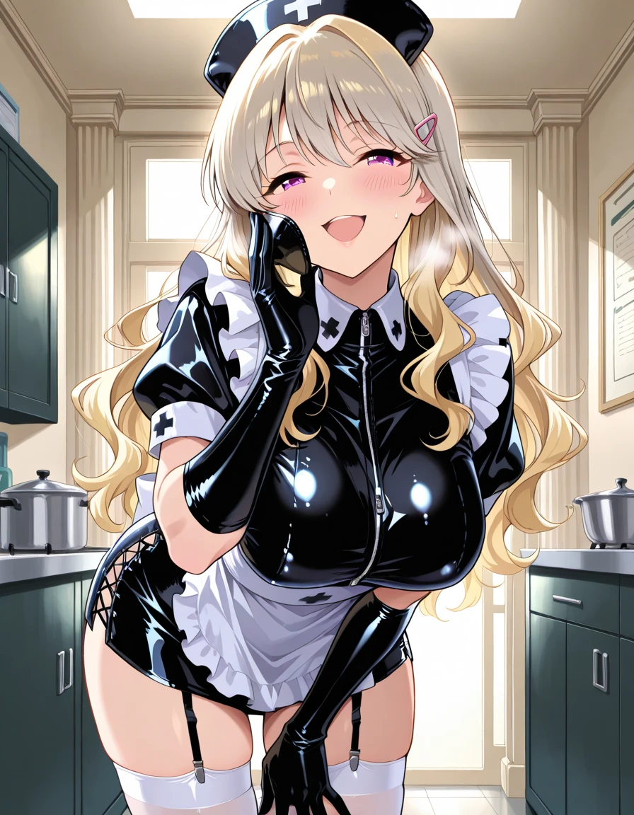 (RAW photo:1.2,(Curve,Model,glamor:1.5),Beautiful breasts,(from below:1.2),(from side:0.9), ((Face)), (Close-Up:0.4), (real、photorealistic:1.4)、(RAW photo:1.2),highest quality,(masterpiece),(((Whole body image))),(a 18yo girl), (Highly detailed face),Slightly round face, (Tan brown face:1.0), Boyish beauties, beautiful face, Beautiful lips,Baby Face,(Big eyes),((black,hair,long pony tail hair)),cute,lovely,(strong silver hair:1.2),(blunt bangs),(Brown skin:1.0),nice companion,delicate body、thin legs,beautiful black dress,black gloves, black thighhighs, white panties,(double breasted,under bust:1.2)in the kitchen,Sexy thighs,During a break,sit on the ground,The way the light shines is beautiful, Beautiful buttocks,(with sparkling eyes and a contagious smile),little open mouth,black suspenders,Bulging big,breasts,narrow waist,(with sparkling eyes and a contagious smile),her thin pubic hair, looking at viewer,