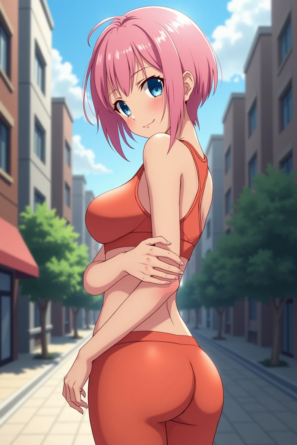 nakano ichika, masterpiece, best quality, 1girl, blue eyes, pink hair, closed mouth, earrings, hoop earrings, jewelry, looking at viewer, crop top, short hair, street, solo, upper body, yellow crop top, underboob, large breasts, <lora:ichikaNakanoLoraThe_beta10:0.8>, smiling