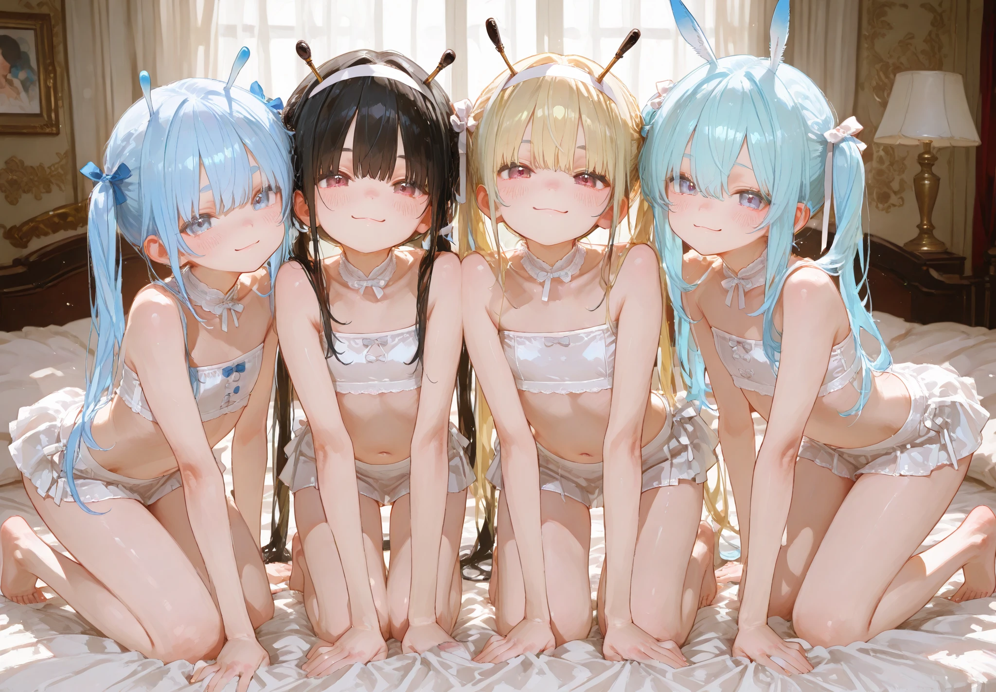Naked Hatsune Miku、Kagamine Rin、Lesbian play、Intertwined、Shaved、Small breasts