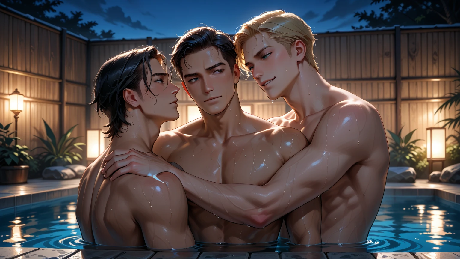 Three naked young men bathe in a jacuzzi with steam on top. They all have different faces. One of the men is redheaded, another blond, the last with black hair. Their swimsuits float on the surface they have removed them and it hides their genitals. They are skinny but muscular and beardless. They kiss with their tongue. It's an image that looks like a real photo.