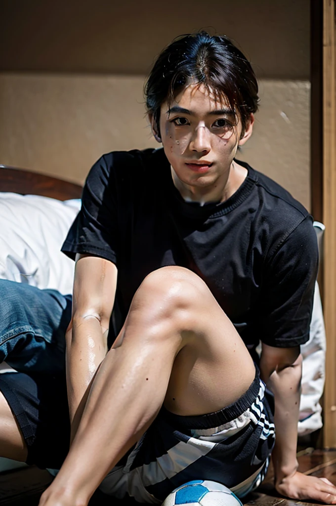 Leo alvarez from the visual novel echo, barefoot hypnotized and sedated, gag in the mouth, seeking out, green glow in his eyes, trapped in a black straitjacket, sitting imprisoned in a padded asylum cell, wearing long hospital pants, legs stretched out in front of him, detailed soles visible from his paws, right toe ring.