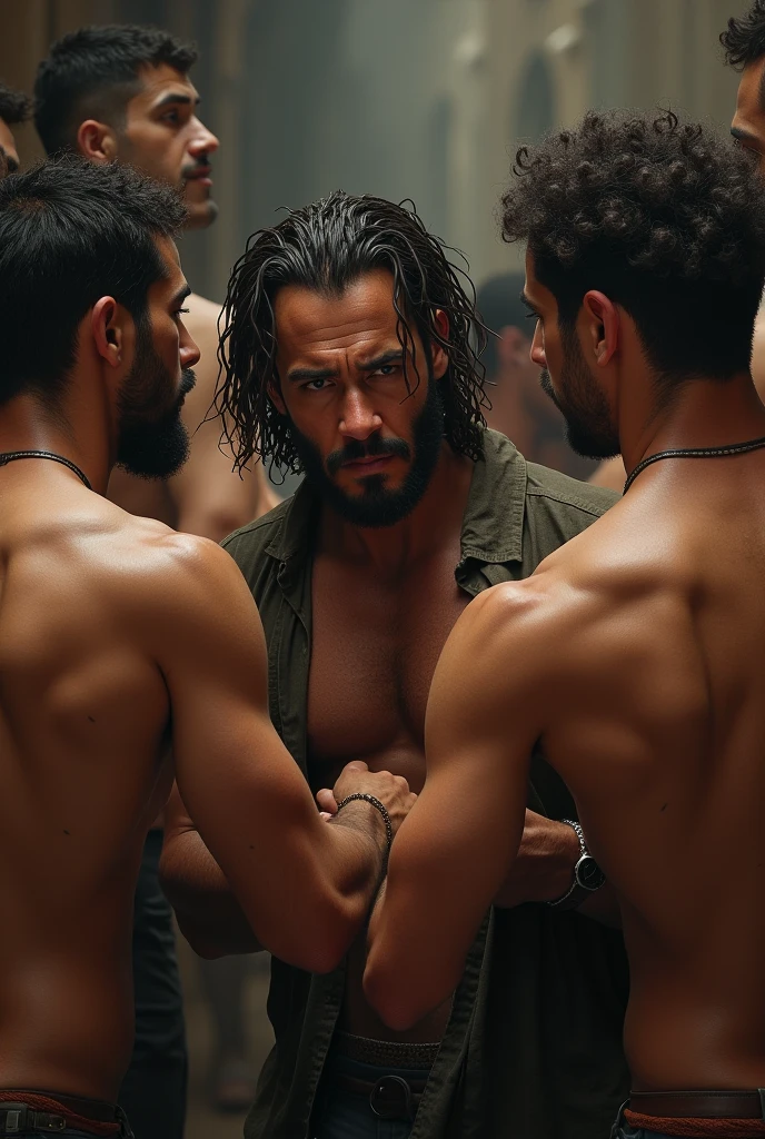 (((2heads))),1man,full body, blonde, brown hair, a man in the style of 1980s gi joe cartoon, black skin, argentinian, facial hair, speedo, body hair, , ((big bulge)), thick lips, dreamy atmosphere, dark amber and red, i can't believe how beautiful this is, serene atmosphere, flickering light, epic realistic, in a dimly lit dungeon, shackles on ankles and arms, illustrated by herg, style of tin tin comics, pen and ink,art by greg rutkowski and artgerm, soft cinematic light,hdr, intricate, highly detailed, (depth of field:1.4), faded, (neutral colors:1.2), (hdr:1.4), (muted colors:1.2), hyperdetailed, (artstation:1.4), cinematic, warm lights, dramatic light, (intricate details:1.1), complex background, (rutkowski:0.66), (teal and orange:0.4), (intricate details:1.12), hdr, (intricate details, hyperdetailed:1.15) (wet skin texture:1.2), (old)