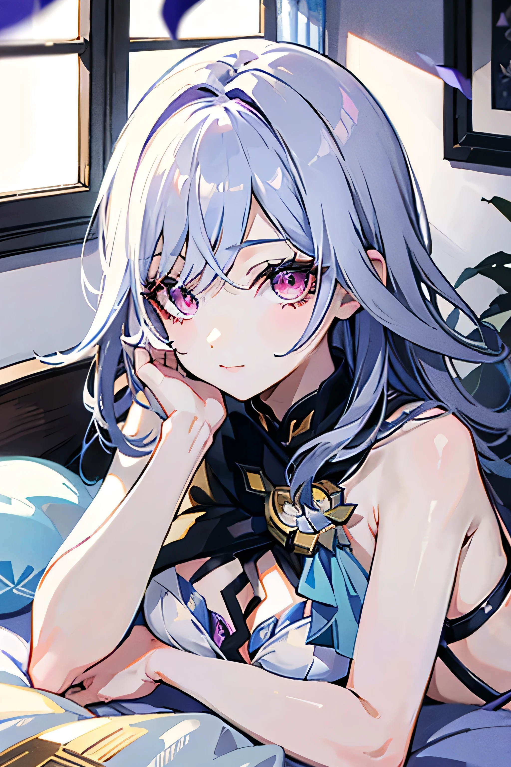 A mature anime-style girl inspired by Skirk from Genshin Impact, lying on a bed in a softly lit nighttime room.
She has a gentle, slightly flushed face with bigger, more mature eyes and a subtle, shy smile.
Her sleeveless fantasy dress is elegant and fully covering, in deep blues and purples with magical motifs.
A pillow covers part of her face, adding a dreamy, intimate feel.
Soft moonlight streams through a window behind her, casting warm highlights and gentle shadows.
