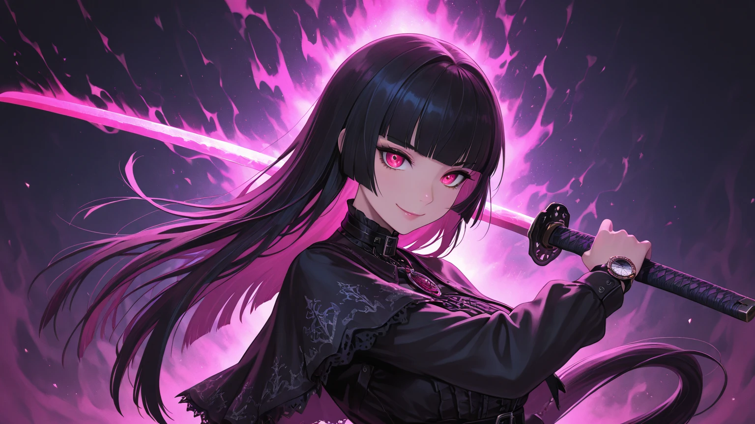 red eyes, pointy ears, long black hair, purple lipstick, makeup, pale skin, anatomically correct, masterpiece, award winning, ccurate, textured skin, anatomically correct,
1gril, looking at viewer, glowing red eyes, grab Muramasa sword in right_hand, Battōjutsu pose, metal glowing,  glowing blade, cinematic lighting, motion lines, chiaroscuro, hollow eyes, facing viewer, smirk, upper teeth, purple lips, red eyes, blush, sweating, wet, looking at viewer,