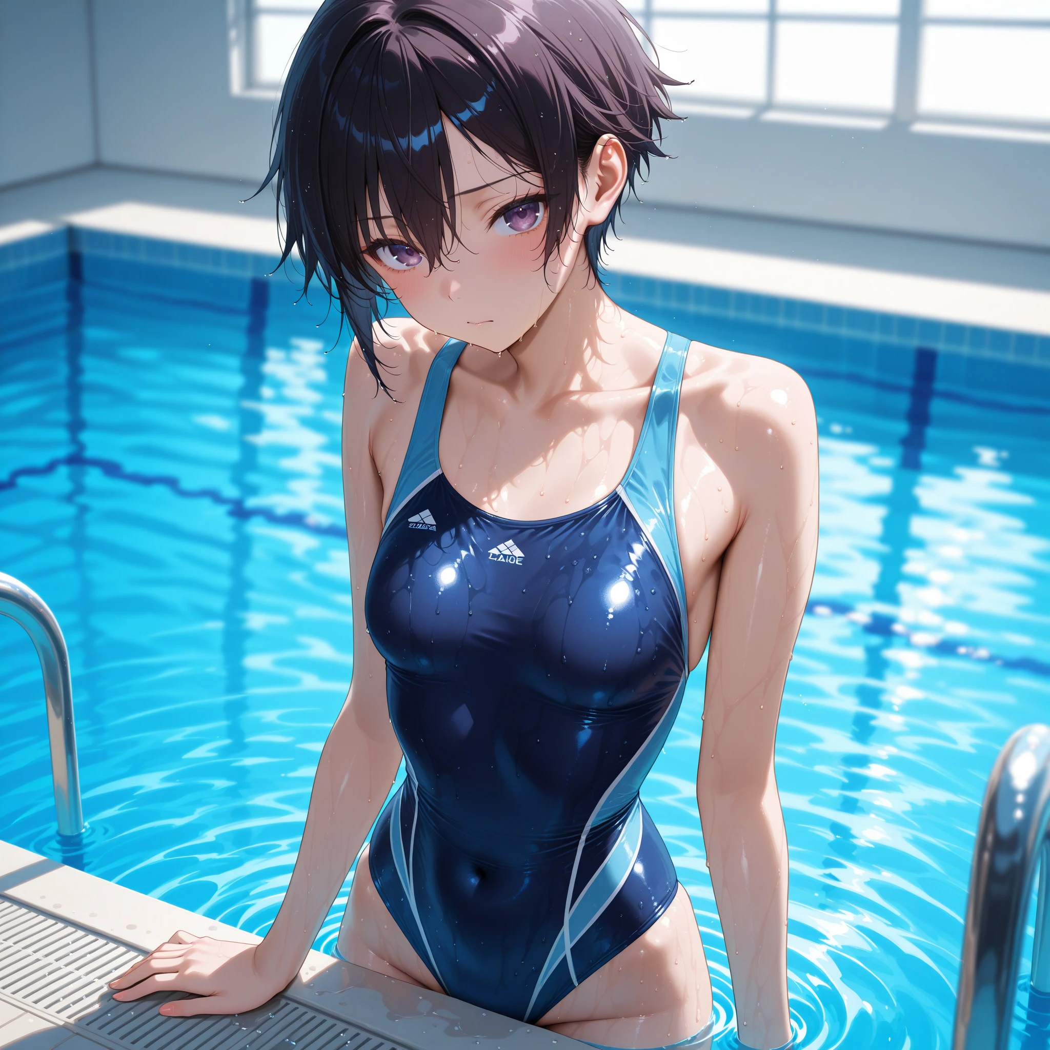 beautiful, masterpiece, best quality, hiqcgbody, anime, 1girl, medium breasts, olympic swimmer, transparent and Clear black swimsuit, portrait shot, looking at viewer, partially submerged, outdoor pool, wet skin, intricate details,>,((covered